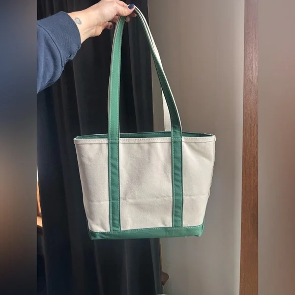L.L. Bean Medium Boat and Tote Zipper Top Long Handles Green Canvas - Picture 3 of 3